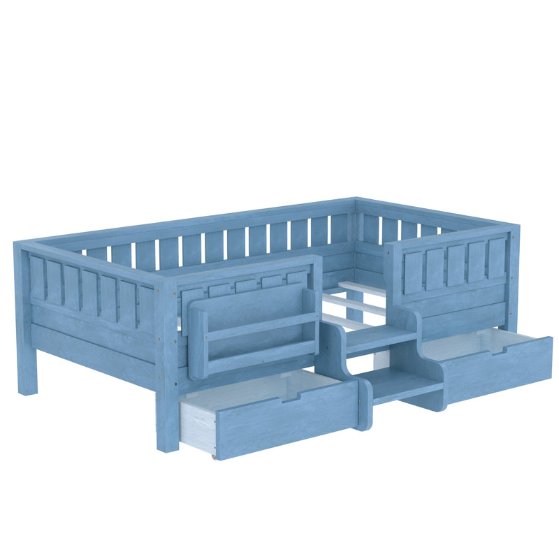 Lit de jour simple avec 2 tiroirs et garde-corps double, Bleu