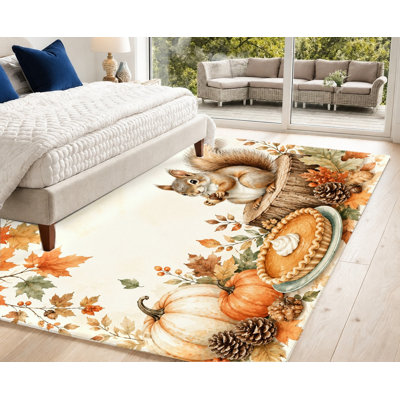 Tapis à motif d'automne moisson, motif de tarte écureuil citrouille blanc crème, surface en velours, tapis antidérapant, décoration intérieure confortable pour le salon, la chambre à coucher, le vestibule, la cuisine, le balcon, appartement