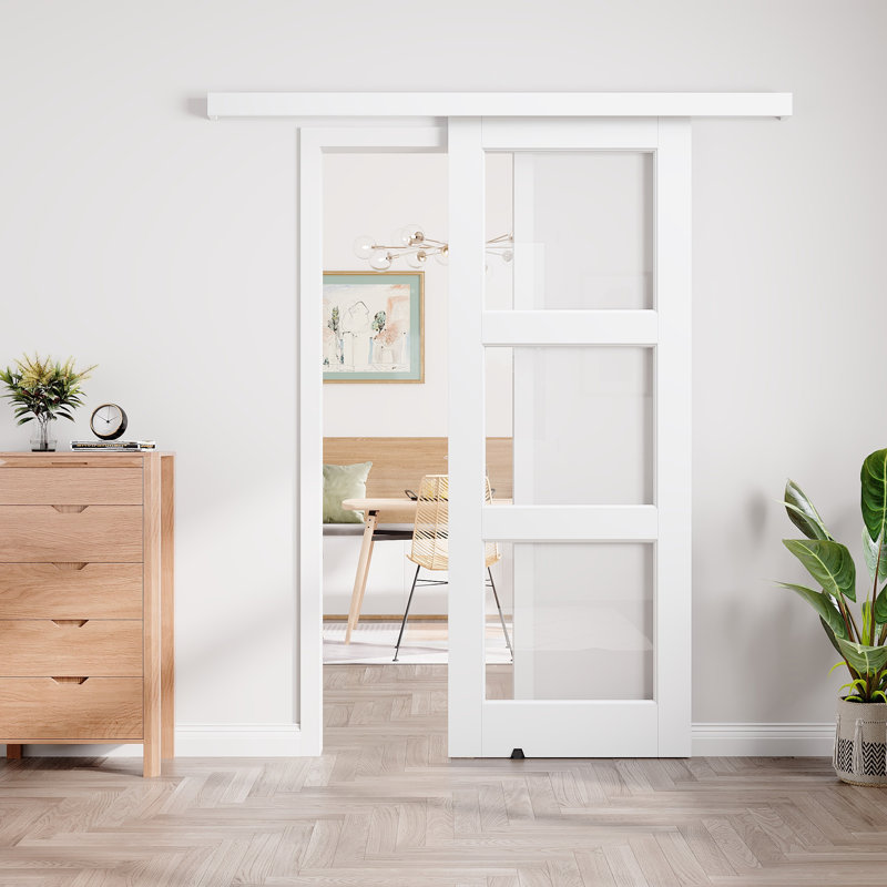 Porte coulissante de style grange avec rail dissimulé, apprêt blanc, 3 panneaux en verre transparent, pour placard ou garde-manger, avec trousse de quincaillerie (aucun assemblage requis)