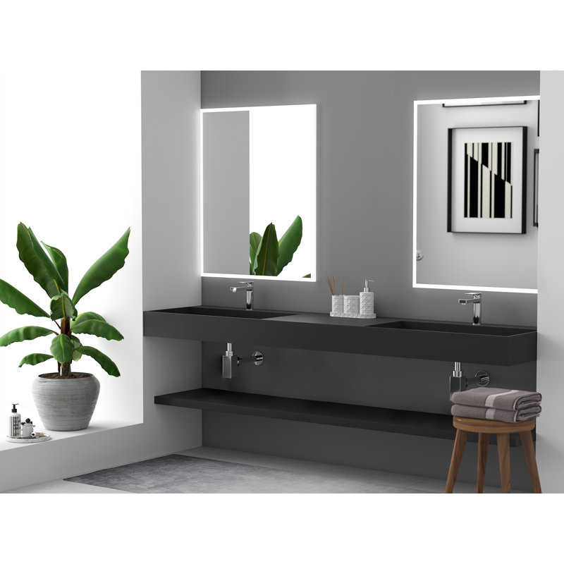 Lavabo de salle de bain mural double flottant à surface solide avec drain dissimulé 84 po Juniper - Noir, Noir