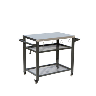 Table barbecue extérieure à 3 tablettes, comptoir rouille en acier inoxydable, cloison en filet pour la prévention, crochets à outils supplémentaires, roues avec frein, chariot de préparation pratique pour chariot de barbecue, support pratique