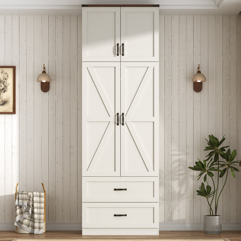 Armoire-penderie de 239 cm de haut avec 2 portes, éclairage DEL à détecteur de mouvement, 2 tiroirs et portes coulissantes de style grange. Meuble de rangement en bois avec compartiment supérieur. Parfait pour la chambre à coucher. Couleur : blanc.