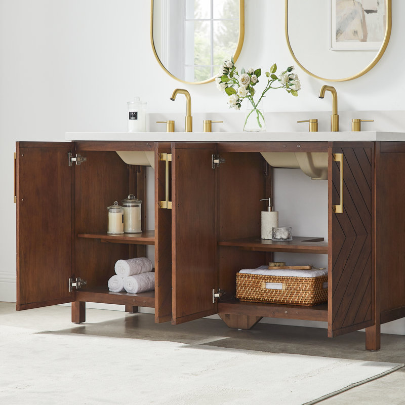 Keiera 60" Double Bathroom Vanity with Engineered Stone Top, Medium Brown