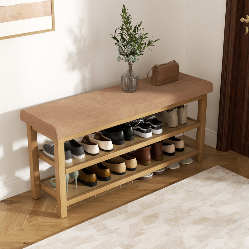 Elegant Rubberwood Frame Shoe Storage Bench, Dark Brown