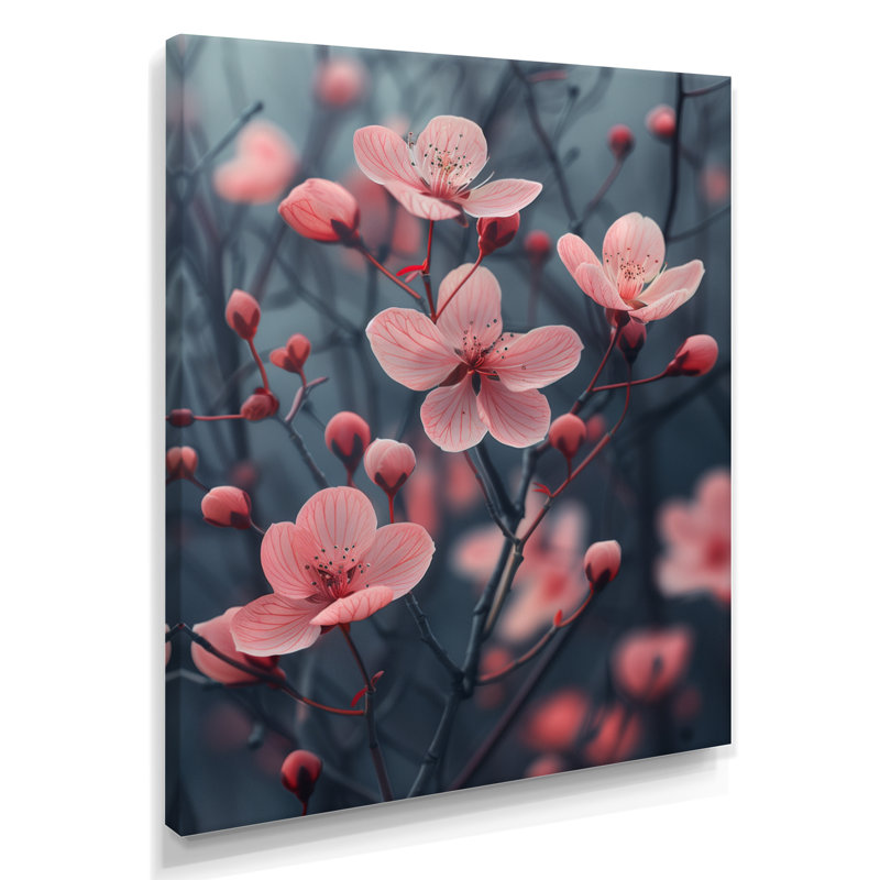 Fleur de cerisier monochrome dans le vent III, Toile tendue, H 12 po x l 20 po x P 1 po