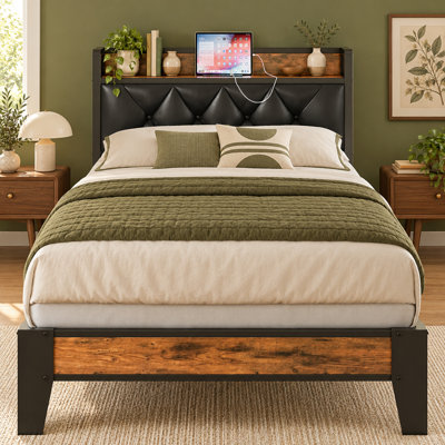 Twin XL Platform Bed Frame, Upholsterd Storage Headboard Shelf with Built-in Outlet, Easy Assembly, Perfect for Dorms