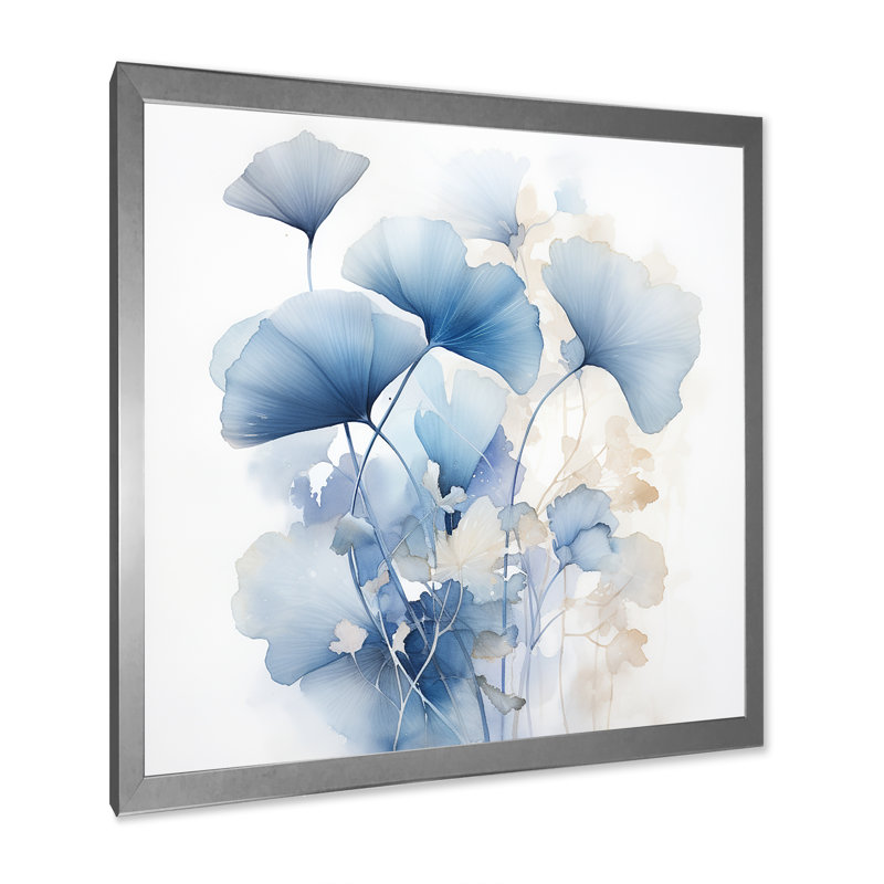 Délicates feuilles de ginko bleu sur aquarelle blanche sur toile, H 30 po x l 30 po x P 1 po, Cadre simple argenté