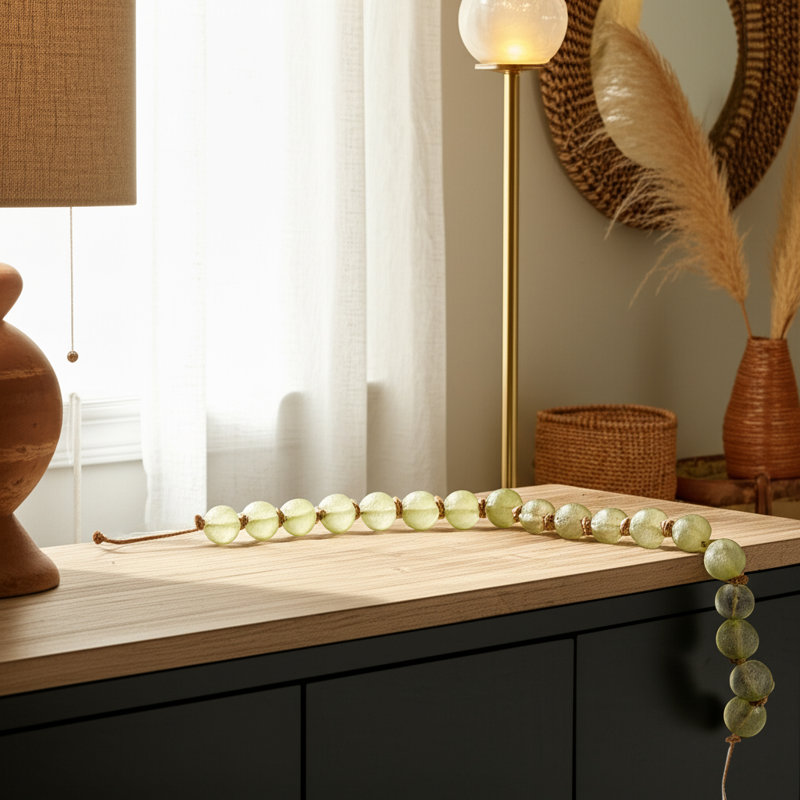 Modern Glass Beads with Woven Jute Cord - Handcrafted Single Decorative Accent with Contemporary Style and Natural Texture for Versatile Display in Any Room or Shelf Decor