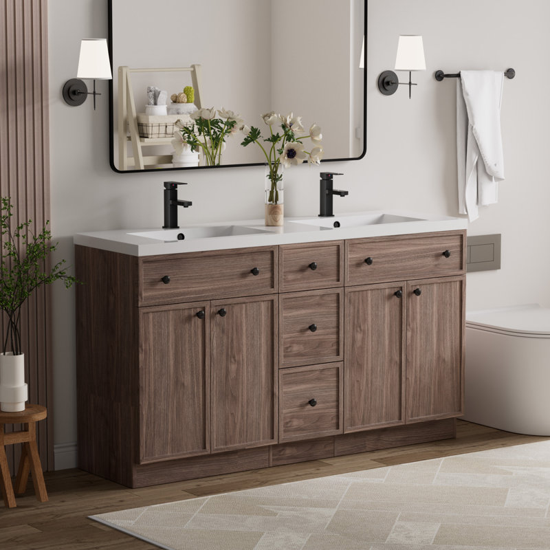 Jadaya 60 Inch Modern Farmhouse Double Sink Bathroom Vanity With Sink Top, Assembly Required, Oak, 60"