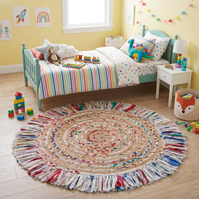 Tapis d'intérieur en fibre de jute tressé à la main Whimsical Rainbow