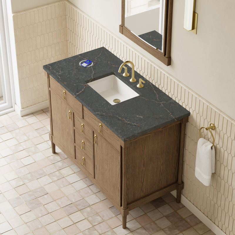 Kinnsden 48" W Single Vanity w/ FreePower Wireless Charger, Parisien Bleu Silestone, Weathered Oak