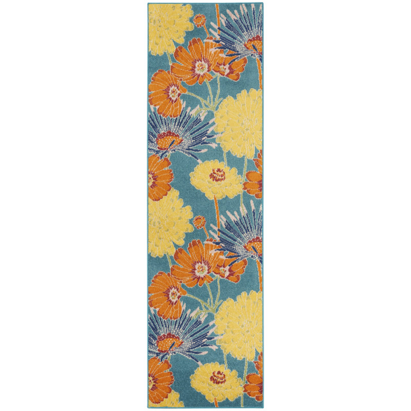 8' Blue Floral Runner Rug