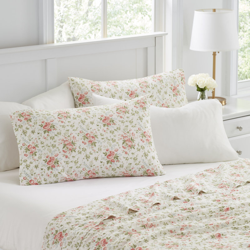 Laura Ashley Marissa 200 Thread Count Floral 100% Cotton Percale Sheet Set, Queen, Jaynie Ticking Stripe Pink