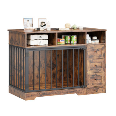 Modern Dog Crate Furniture with Storage, 3 Drawers and Hidden Bowl, Wooden Indoor Kennel Side Table for Medium Small Dogs, 48 Inch