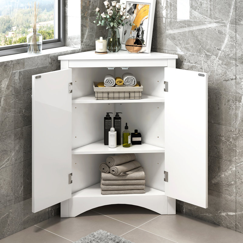 White Triangle Bathroom Storage Cabinet With Adjustable Shelves, Freestanding Floor Cabinet For Home Kitchen, White