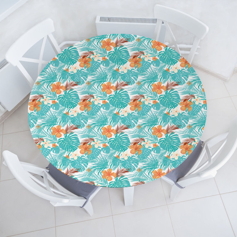 East Urban Home Aloha Fitted Round Tablecloth Orange Turquoise, 47.24" Round
