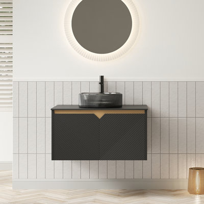 Meuble-lavabo mural 30 po, armoire en contreplaqué flottant mural, portes doubles en sergé avec garniture en métal. Lavabo rond en verre noir transparent, plateau en pierre frittée. Mécanisme à fermeture en douceur pour meuble-lavabo silencieux
