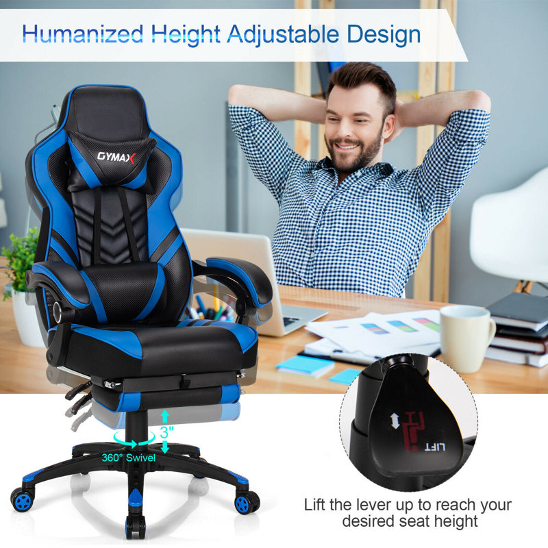 Gymax Adjustable Reclining Ergonomic Faux Leather Swiveling PC & Racing Game Chair with Footrest, Blue