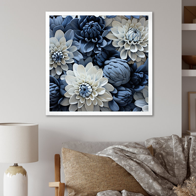 «Graceful Mums» noir et bleu pâle, peinture sur toile, Cadre simple blanc, H 24 po x l 24 po x P 1 po