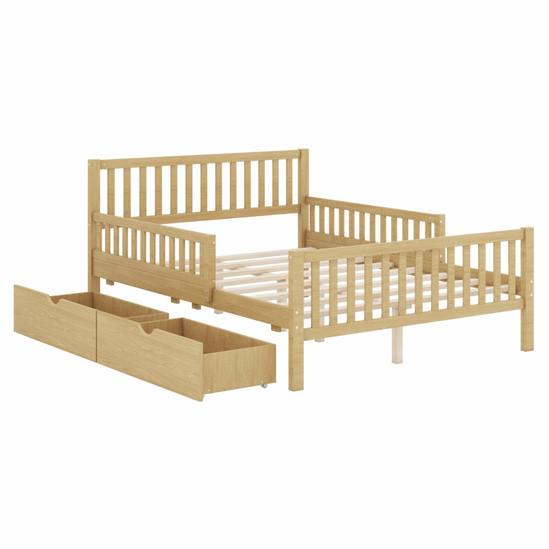 Classic Wood Platform Bed Frame with Guardrails and 2 Storage Drawers, Full