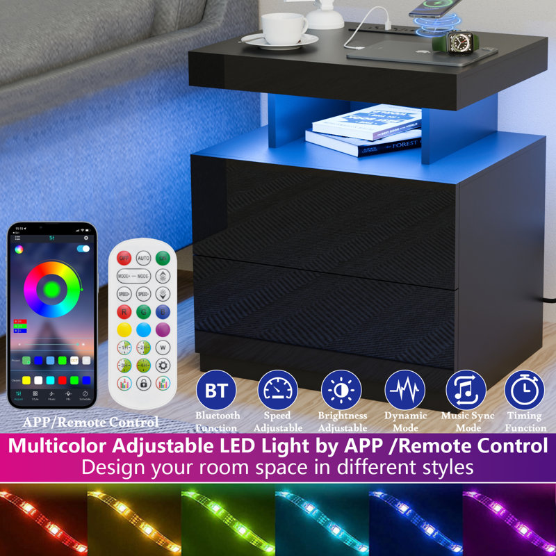 Brenard Manufactured Wood Nightstand with Wireless Charging Station, LED Light and 2 Drawers, Black