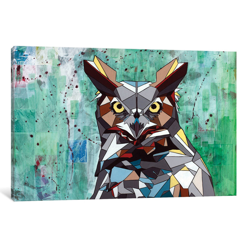 «Owl» par DAAS, impression sur toile tendue, H 26 po x l 40 po x P 1,5 po, Papier beaux-arts encadré noir, Pas de tapis