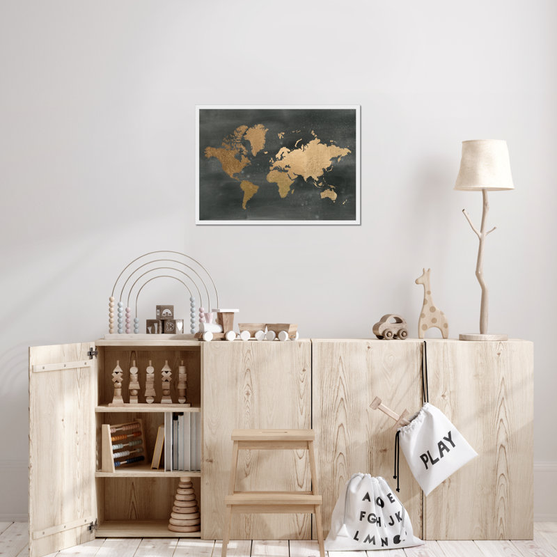 Gold World Map On Black Wash by Jennifer Goldberger - Print, 34cm H x 50cm W, White Framed Paper Print