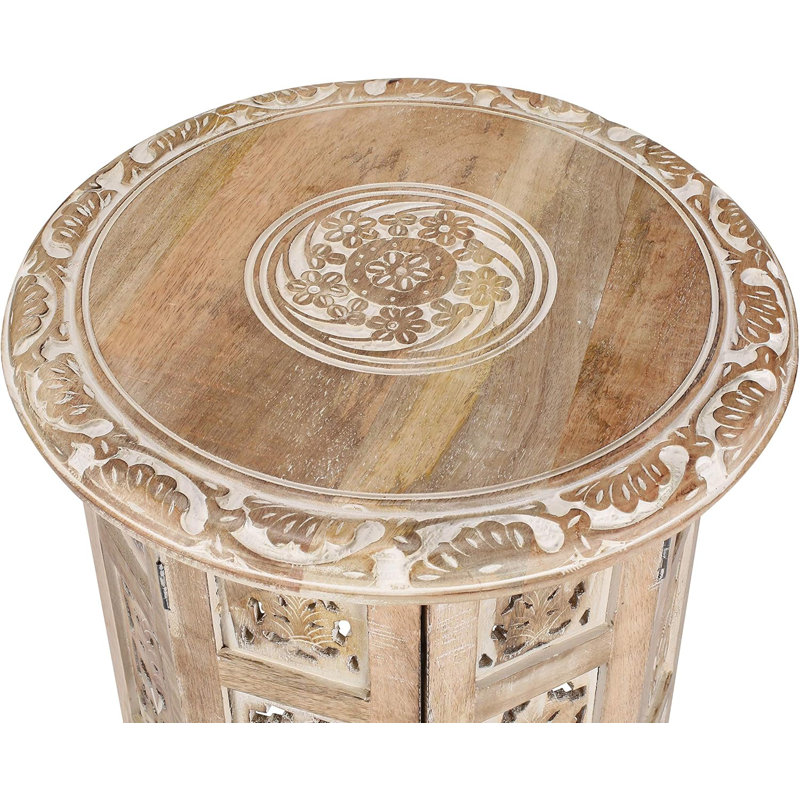 Handcrafted Solid Wood Round Accent Table – Whitewashed Living Room Side Table, Hand-Painted Artisan Design, Durable Multi-Functional Coffee Table