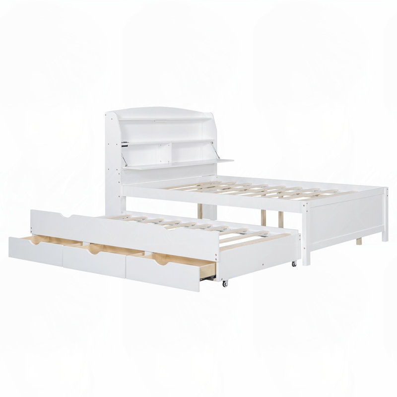 Wooden LED Platform Bed with Trundle, Full , White