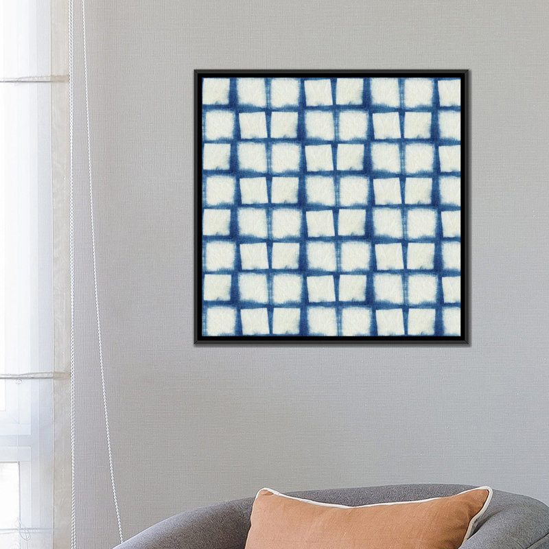 « blue shibori iv », peinture sur toile, H 26 po x l 26 po x P 1,5 po, Toile avec cadre noir, Pas de tapis