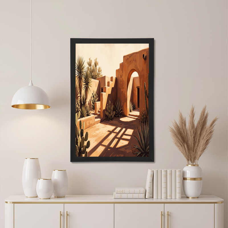 Art mural sur toile Adobe, cour avec jardin de cactus et ombres chaudes, H 28 po x l 40 po