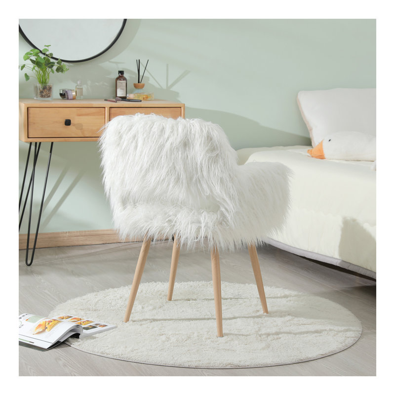 Faux Fur Upholstered Make up chair Side Dining Chair with Metal Leg(Beech Metal Leg), White