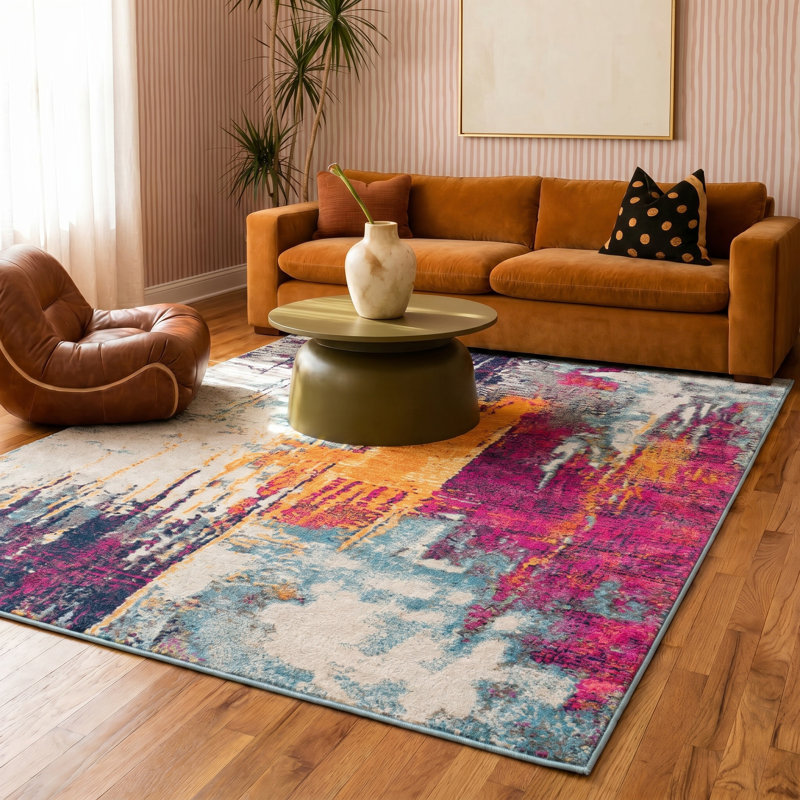 Tapis de couloir abstrait gris ivoire et magenta Comfort, Rectangle 7 pi 9 po x 10 pi 9 po