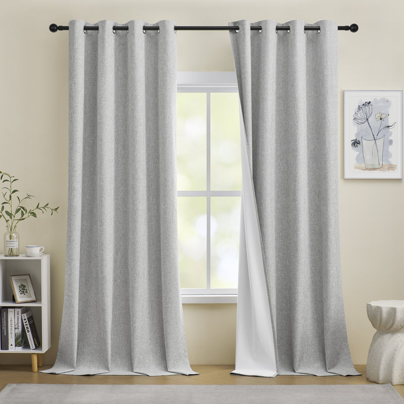 Leming Linen Like Polyester Blackout Room Darkening Grommet Curtain Pair, Light Gray, 52" W x 90" L