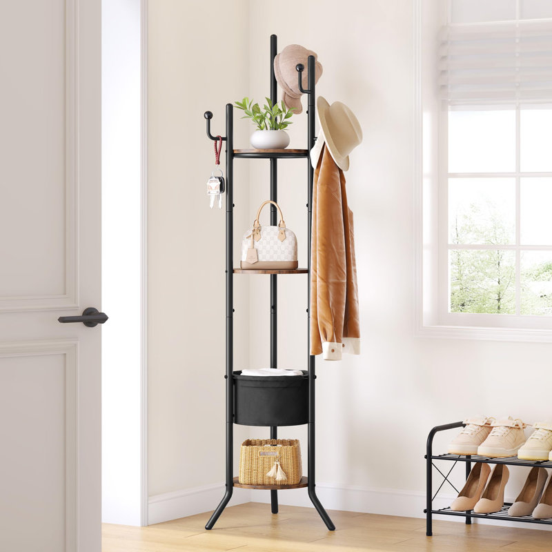 Round Coat Rack With 3 Wooden Shelves And 1 Fabric Basket, Metal Clothes Tree With 5 Hooks, Coat Hanger Stand For Clothes, Hats, Bags, Brown And Black