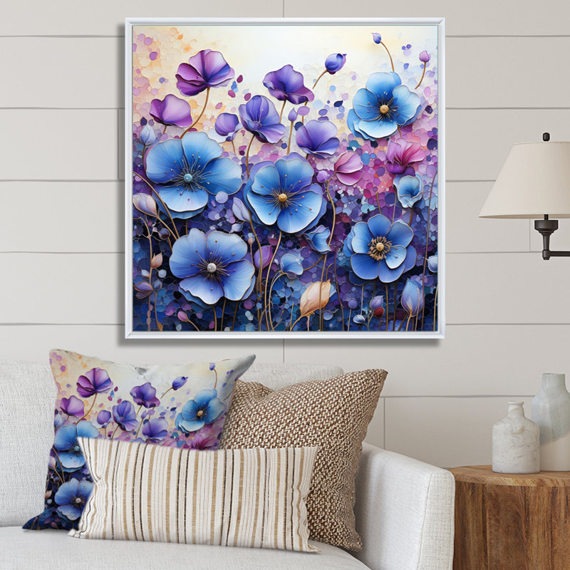 «Blue Purple Pansies Field Pointillism Dot», reproduction sur toile, H 36 po x l 36 po x P 1,5 po, Cadre flottant blanc