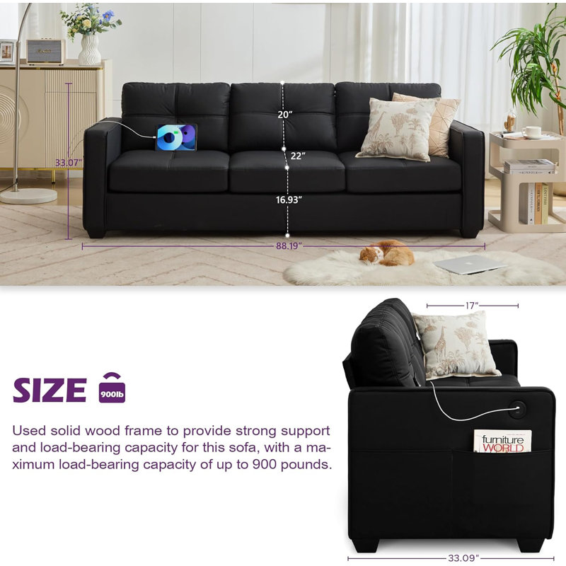 88” W Faux Leather Couch With Square Armrests, Faux Leather - Black