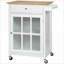 Kitchen Island Cart with Drawer, Glass Cabinet &amp; Adjustable Shelf | White | Rubber Wood Top