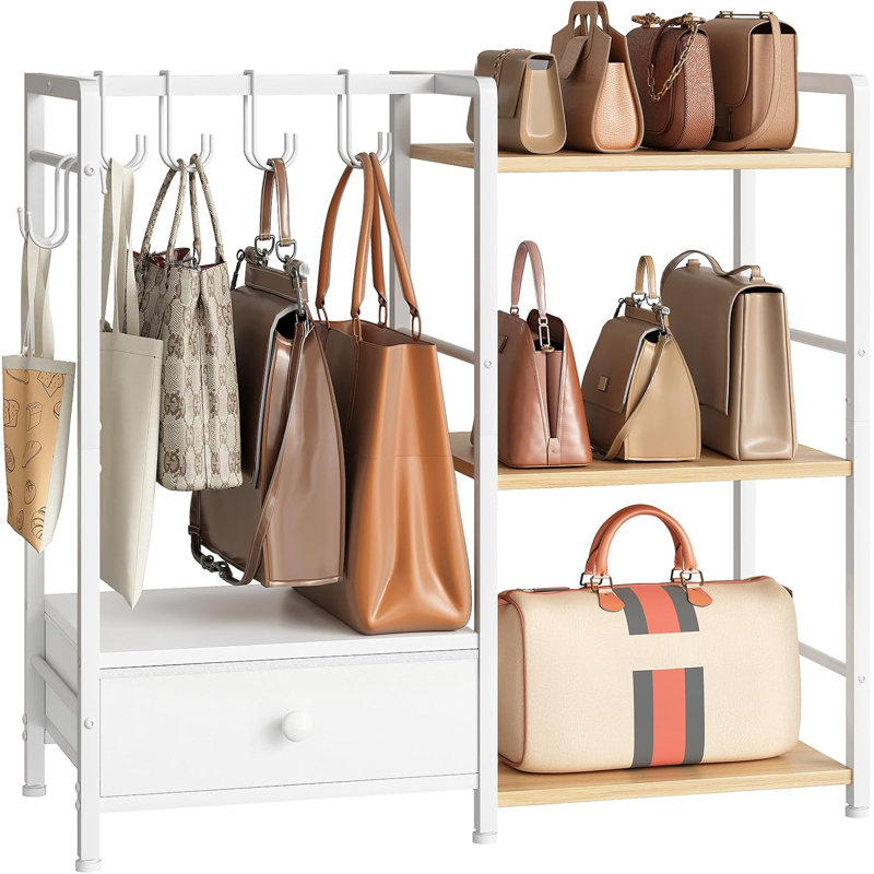 Organisateur de sac à main à 3 niveaux pour placard, porte-sac à main multifonctionnel avec 6 crochets, support de rangement pour sac à main sur pied avec tiroir, pour vestiaire, vestibule, chambre à coucher