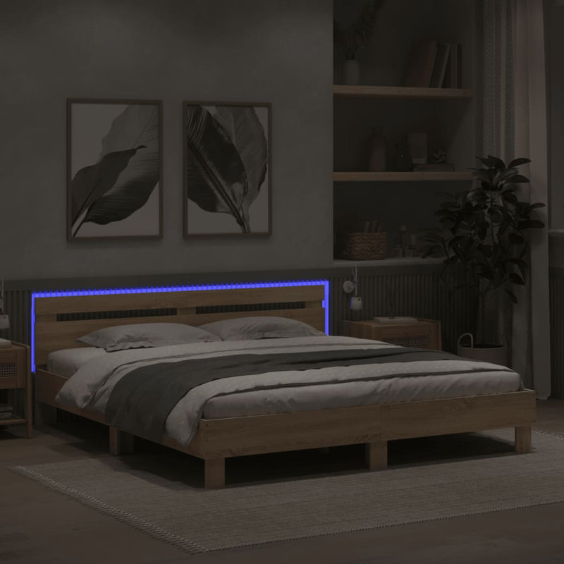17 Stories Bed Frame With Headboard And LED , Concrete Grey, UK Small Double - 120 x 190 cm