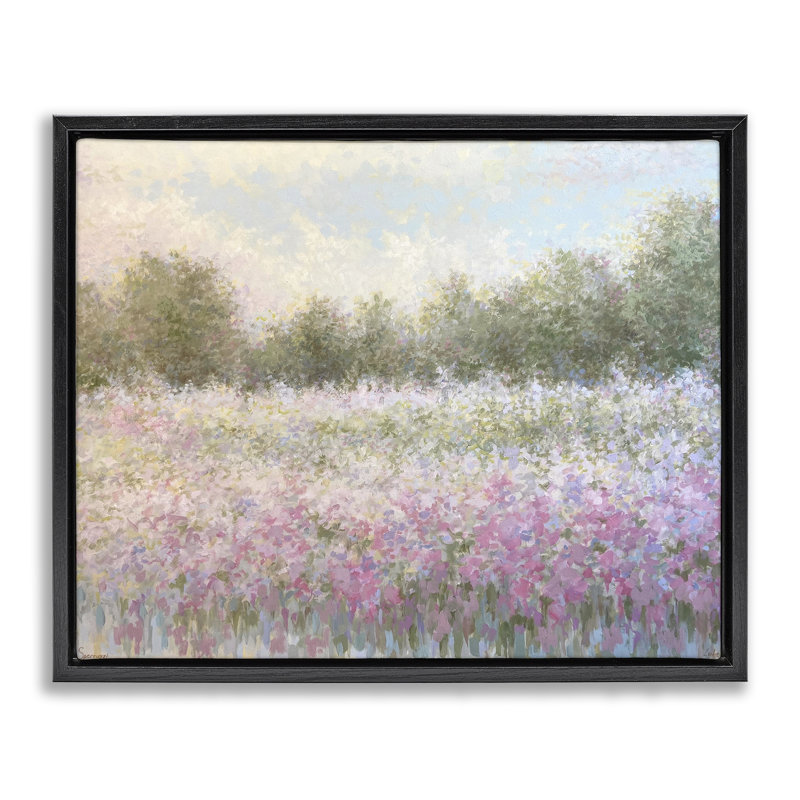«Breath of Spring Landscape Floater», art mural par Linda Sperruche, H 17 po x l 21 po, Cadre flottant noir de jais