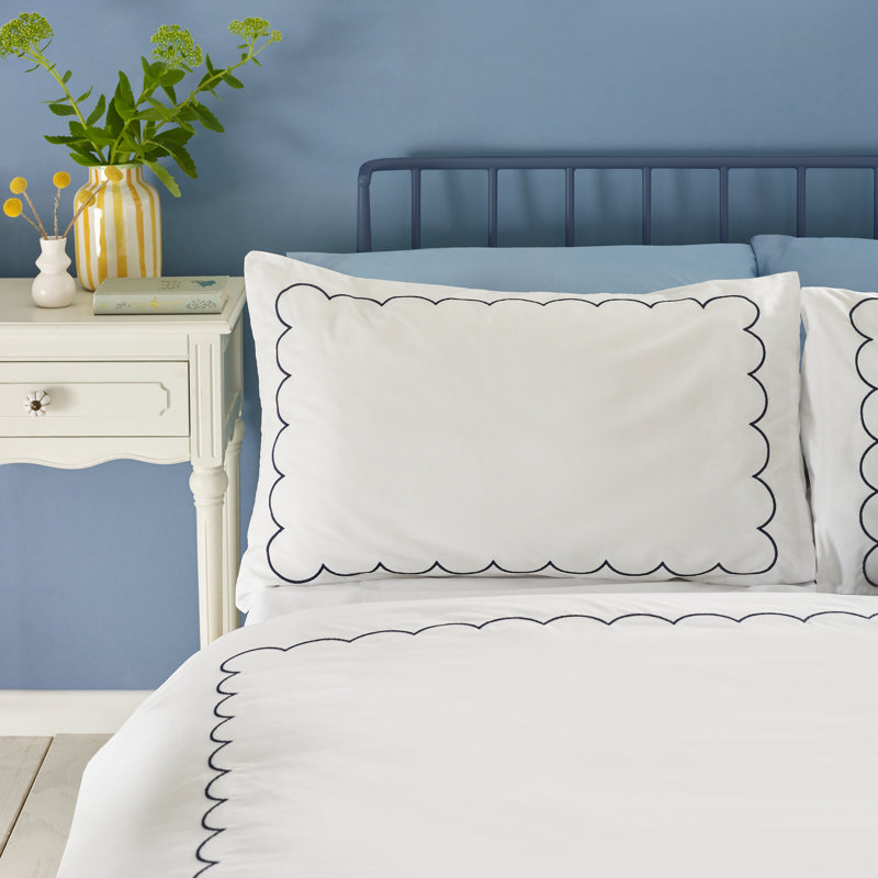 Scallop Border Embroidery Duvet Cover Set, Navy, Single Duvet Cover + 1 Standard Pillowcase