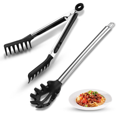 2 cuillères à spaghetti et pince à pâtes, fourchette à spaghetti en silicone antiadhésive de 13 pouces et pince à spaghetti à poignée en acier inoxydable de 9,8 pouces pour nouilles spaghetti