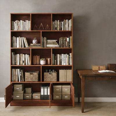Modern open wooden bookcase with storage cabinets
