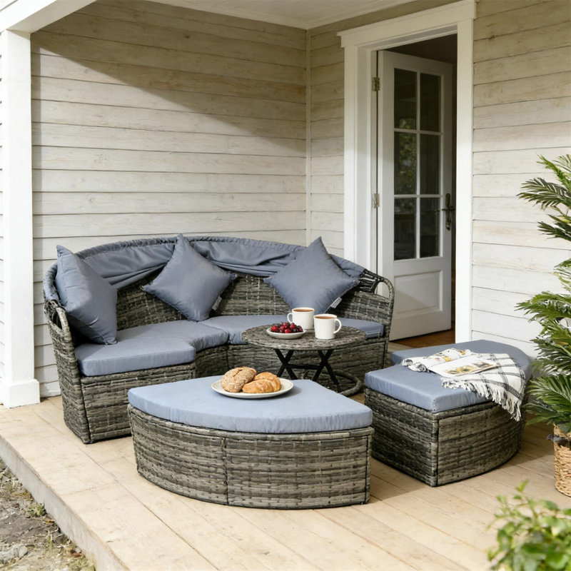 Poolside Conversation Set,Patio Sectional Furniture Set,4 Piece Round Rattan Daybed, Light Gray Cushion/Gray Frame
