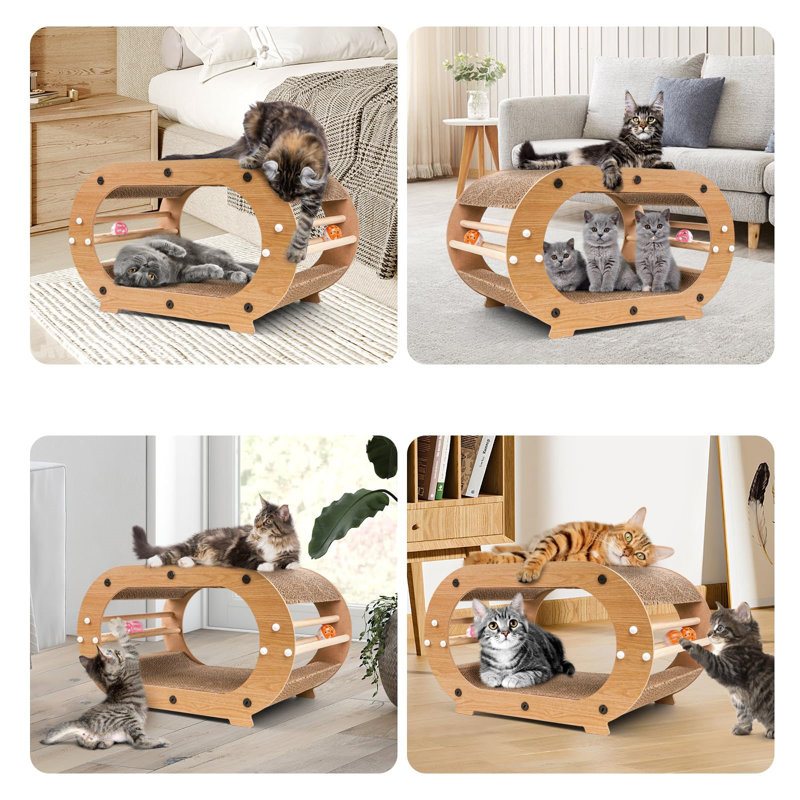 Large Natural Wood Double Layer Cat Scratcher Bed with Toys
