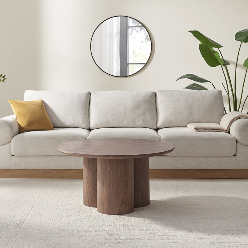 Delshawn Pebble Shaped Pillar Legged Round Veneer Wood Coffee Table - Luxury Scandi Style, Walnut