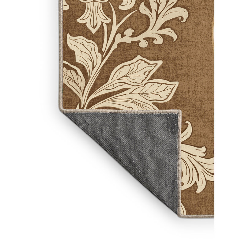 Tapis moelleux moelleux traditionnel en damas brun et beige, Rond 7 pi