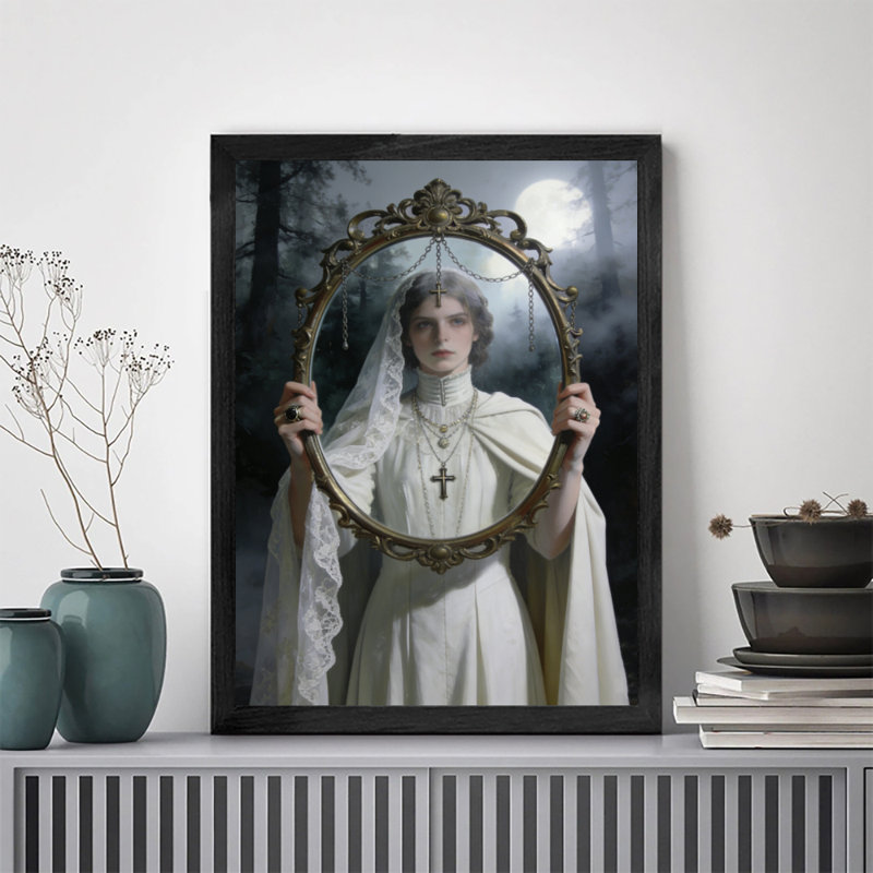 Black Framed Vintage Eerie Gothic, Ghost in the Mirror Wall Art Dark Surrealism Style Framed Prints, 37" H x 25" W