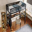Structure de lit mezzanine simple en métal avec prise de courant et fonction d'éclairage à DEL, avec une conception peu encombrante, avec fonction de réduction du bruit, avec finition noire